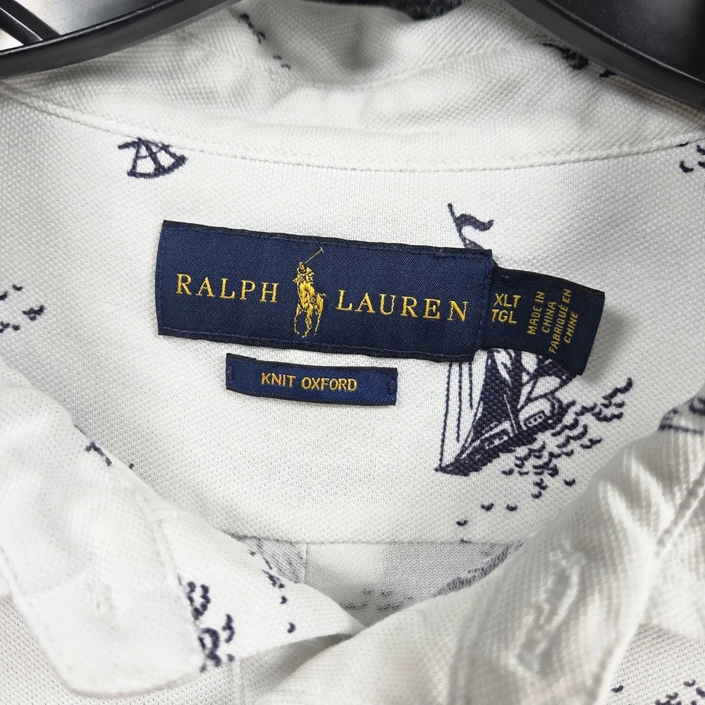 Ralph Lauren Knit Oxford Mens XLT Sailboat Print White Cotton Polo‎ Preppy Yacht
